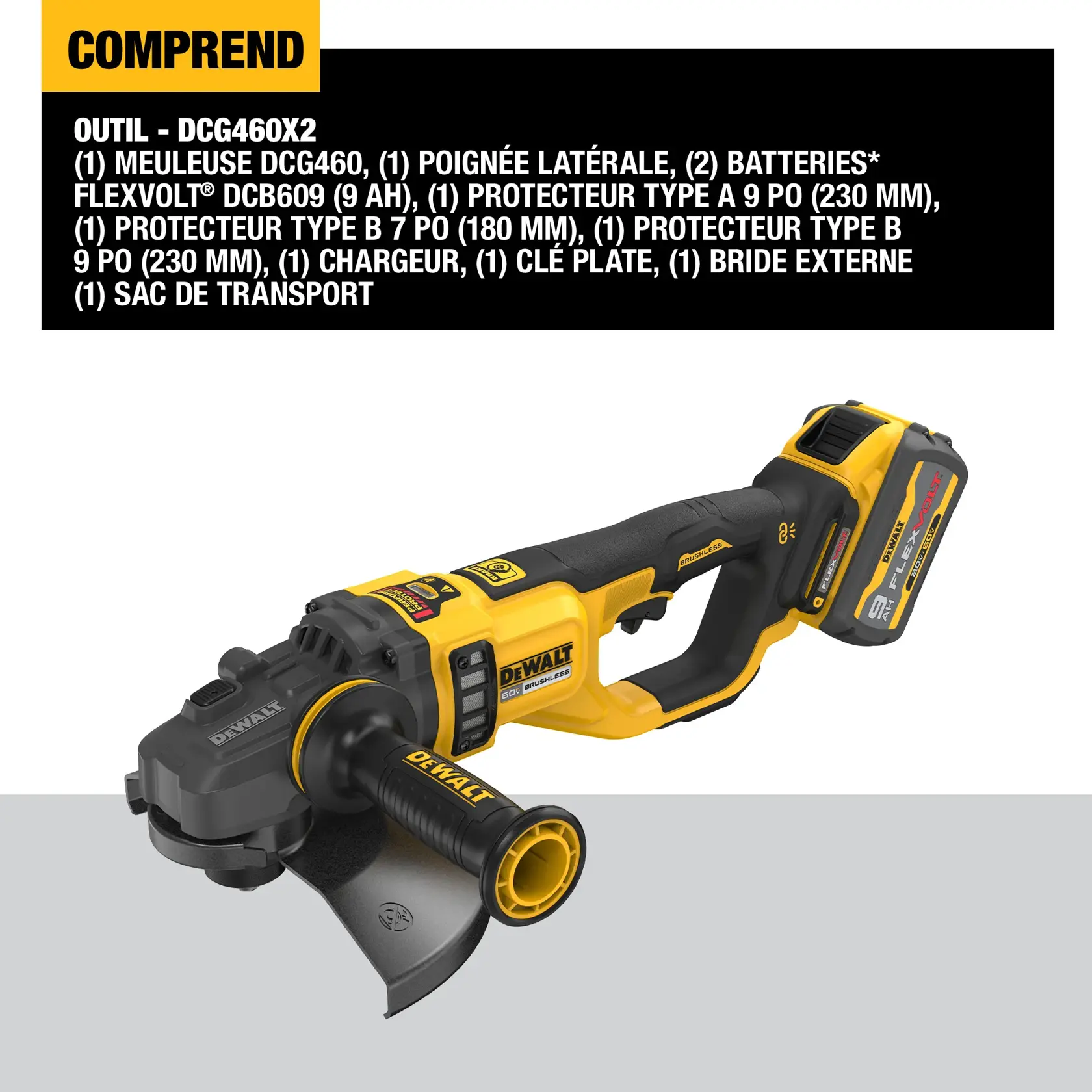 Image of a DEWALT DCG460X2 cordless grinder kit. The grinder is yellow and black with a FLEXVOLT battery attached. Text on the image lists the kit contents, including one DCG460 grinder, one side handle, two FLEXVOLT DCB609 batteries (9 AH), one 9-inch (230mm) type A guard, one 7-inch (180mm) type B guard, one 9-inch (230mm) type B guard, one charger, one spanner wrench, one outer flange, and one kit bag.