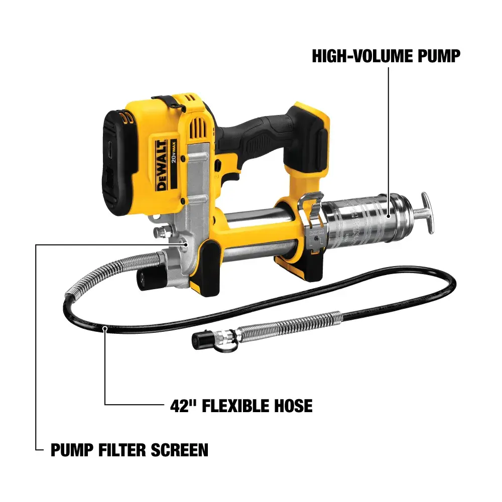 A DEWALT cordless grease gun (model DCGG571B) with labeled features including a high-volume pump, a 42-inch flexible hose, and a pump filter screen. The tool is yellow and black in color.