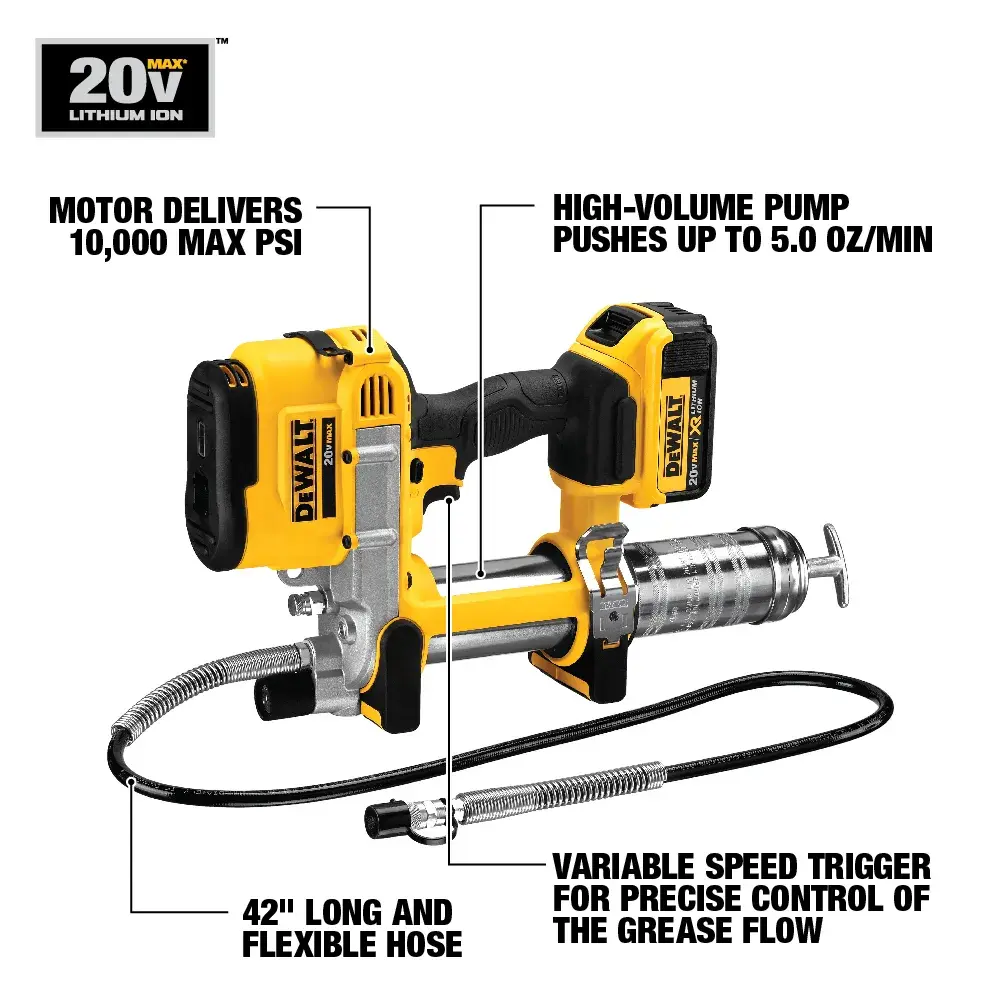 DEWALT DCGG571M1 20V MAX lithium ion cordless grease gun. The image highlights features: motor delivers up to 10,000 PSI, high-volume pump pushes up to 5.0 oz/min, 42-inch long flexible hose, and variable speed trigger for precise grease flow control.