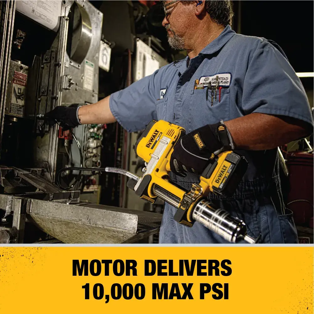 A person using a DEWALT DCGG571M1 grease gun in an industrial setting. The tool is yellow and black, and the text indicates the motor delivers up to 10,000 max PSI.