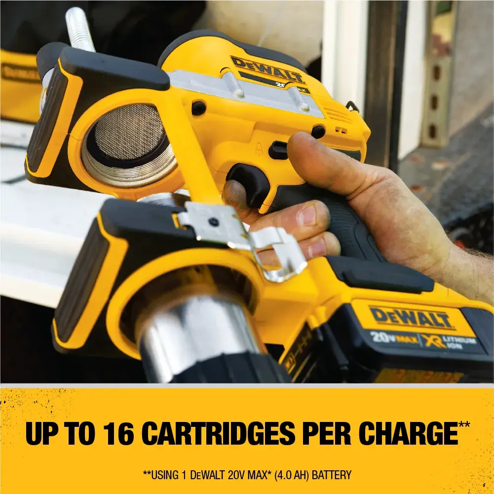 A close-up of a DEWALT DCGG571M1 cordless grease gun being held and used, showing its yellow and black design. The text below indicates the tool can dispense up to 16 cartridges per charge when using a DEWALT 20V MAX* (4.0 Ah) battery.