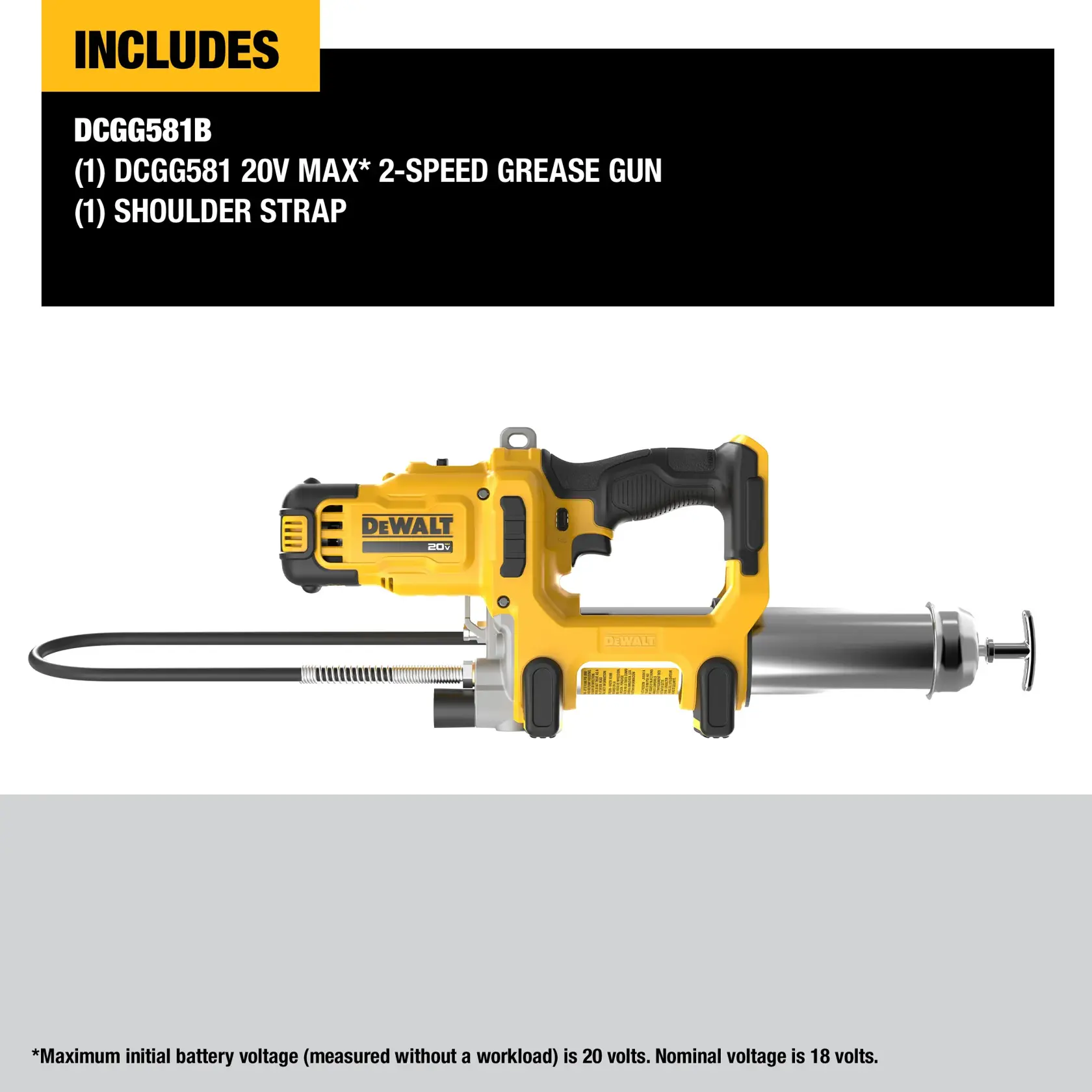 The image shows a DEWALT DCGG581B 20V MAX* 2-speed grease gun with a shoulder strap included. The product is yellow and black, with a flexible hose and cylindrical cartridge. The package includes one grease gun and one shoulder strap. A note at the bottom mentions that the maximum initial battery voltage is 20 volts and the nominal voltage is 18 volts.