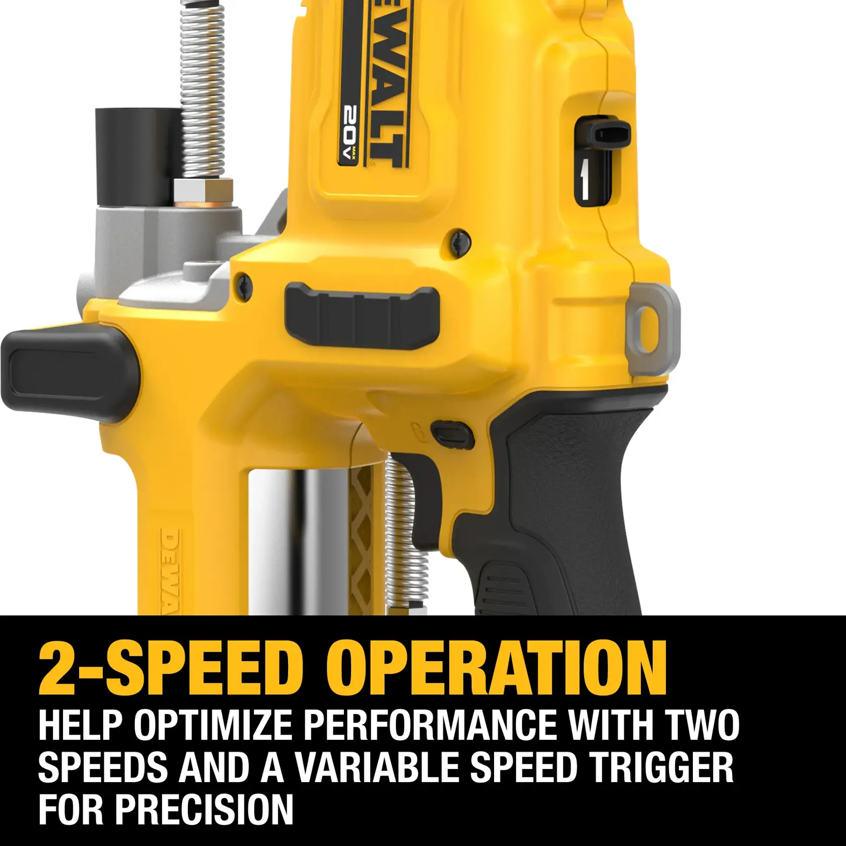 Close-up image of a DEWALT 20V grease gun, highlighting its handle and speed control switch. Text on the image reads: '2-speed operation. Help optimize performance with two speeds and a variable speed trigger for precision.'