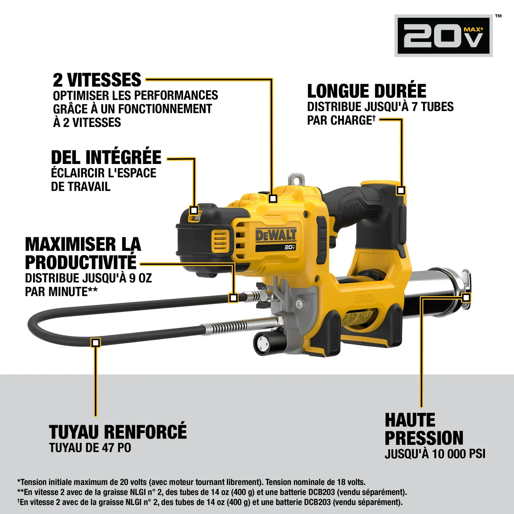 DEWALT 20V MAX cordless grease gun, model DCGG581B, displayed with callouts highlighting key features: 2-speed operation for optimized performance, onboard LED to brighten work areas, reinforced 47-inch hose, ability to dispense up to 9 ounces per minute, long runtime dispensing up to 7 tubes per charge, and powerful pressure up to 10,000 max PSI. The tool is yellow and black, shown on a white background.
