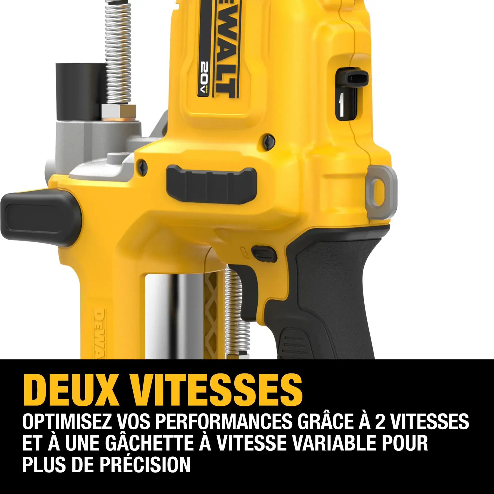 Close-up image of a DEWALT 20V grease gun, highlighting its handle and speed control switch. Text on the image reads: '2-speed operation. Help optimize performance with two speeds and a variable speed trigger for precision.'