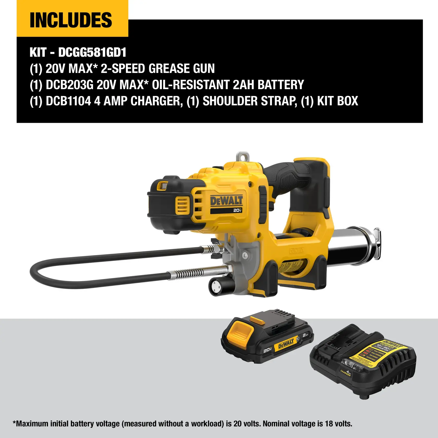 DEWALT 20V MAX 2-speed grease gun kit (SKU DCGG581GD1) shown with grease gun, oil-resistant 2Ah battery, 4 amp charger, shoulder strap, and kit box. Includes product details and voltage note on the image.