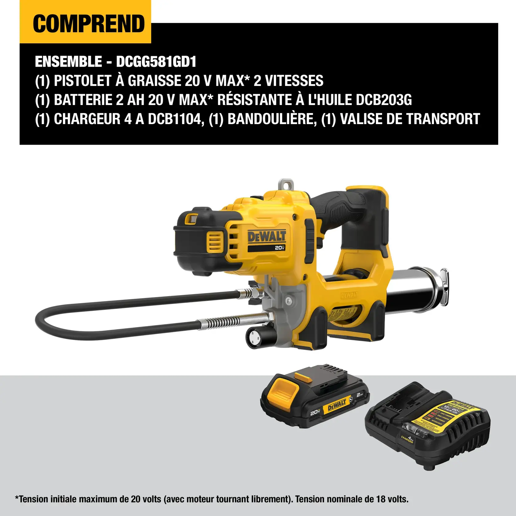 DEWALT 20V MAX 2-speed grease gun kit (SKU DCGG581GD1) shown with grease gun, oil-resistant 2Ah battery, 4 amp charger, shoulder strap, and kit box. Includes product details and voltage note on the image.