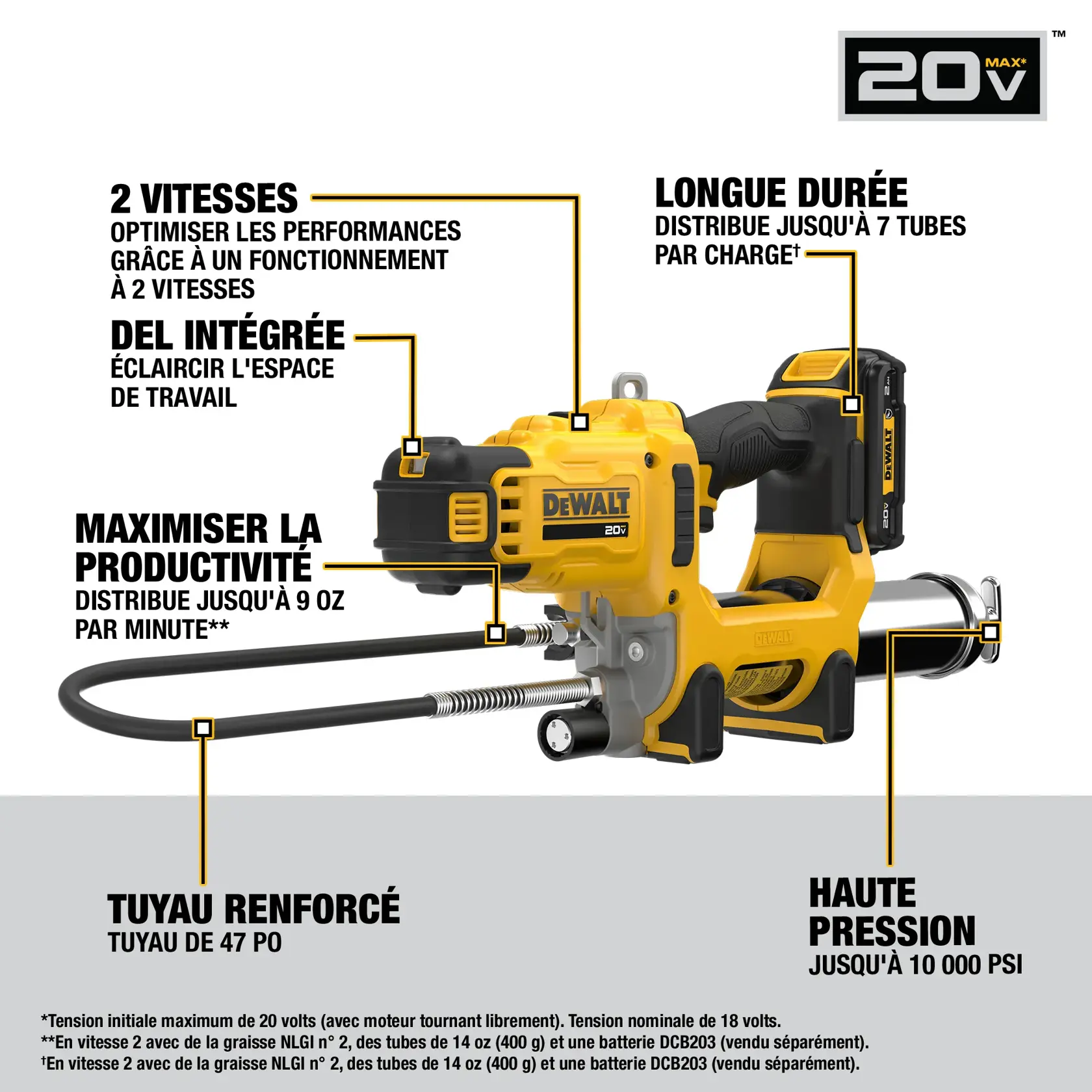 Image of a DEWALT 20V MAX cordless grease gun featuring highlighted benefits: 2-speed operation for optimized performance, onboard LED to brighten workspace, reinforced 47-inch hose, ability to dispense up to 9 ounces per minute for maximized productivity, long runtime dispensing up to 7 tubes per charge, and powerful pressure up to 10,000 max PSI.