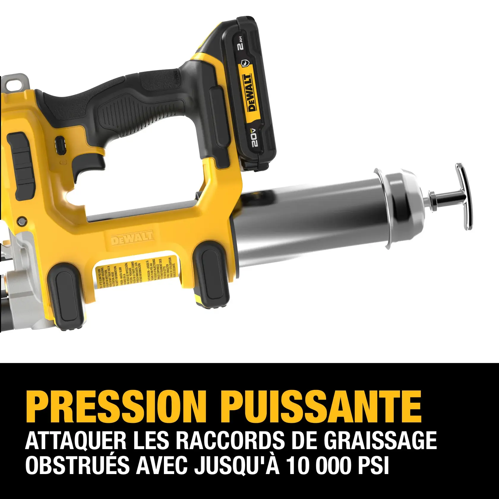 A close-up image of a DEWALT cordless grease gun, model DCGG581GD1, with a black and yellow design. The tool is shown prominently with a 20V battery attached. Text below the image reads: 'POWERFUL PRESSURE. Power through clogged grease fittings with up to 10,000 max PSI.'