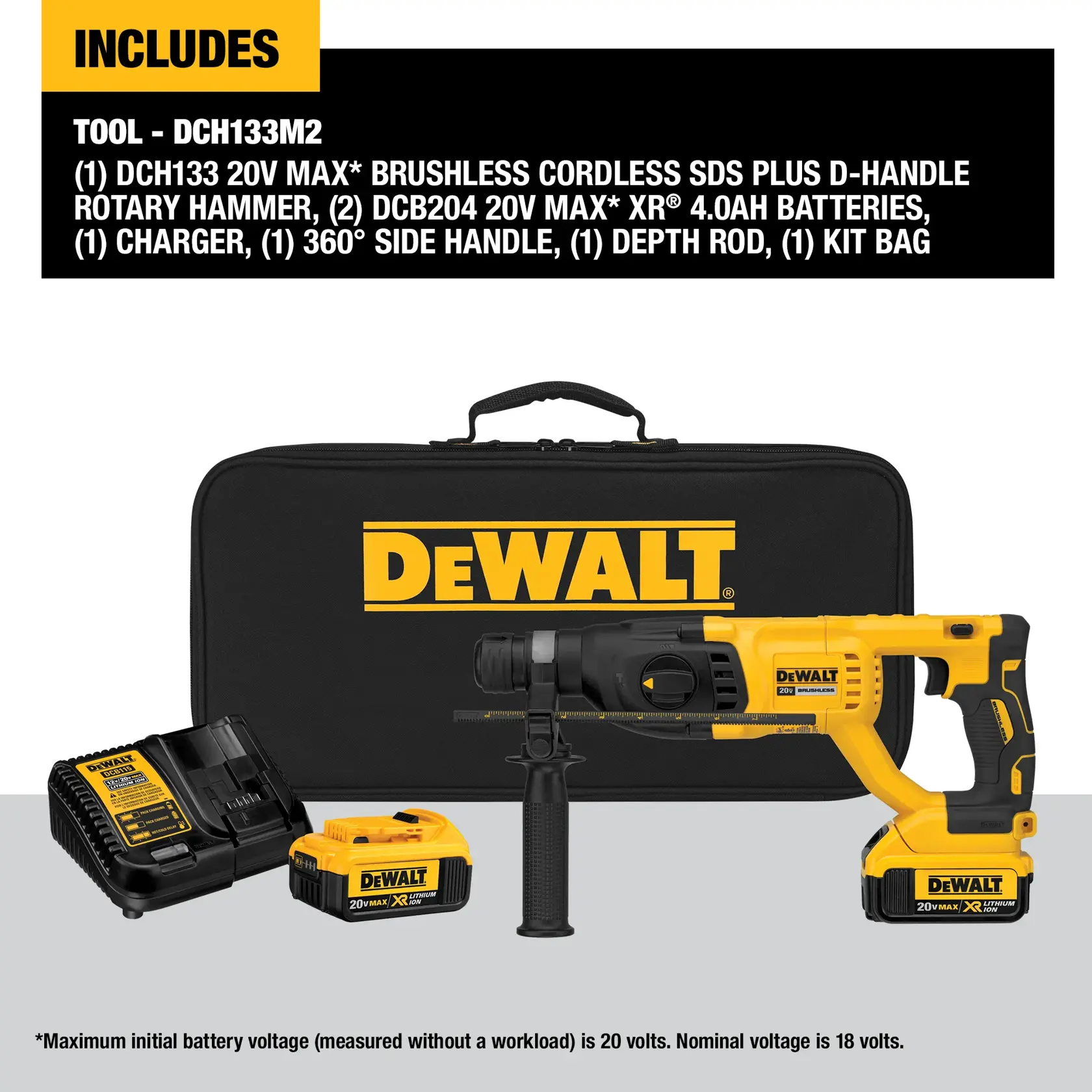 DEWALT DCH133M2 20V Max brushless cordless SDS Plus D-handle rotary hammer kit, including the rotary hammer, two 20V Max XR 4.0Ah batteries, a charger, a 360-degree side handle, a depth rod, and a kit bag, all displayed on a plain background with the DEWALT logo.