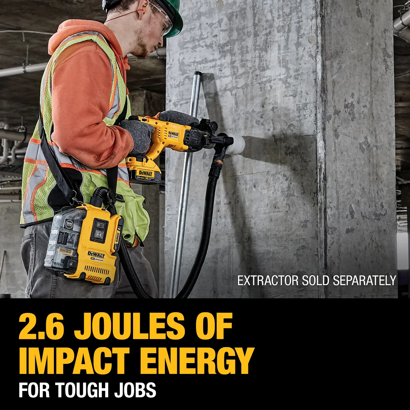 A person wearing safety gear uses a DEWALT rotary hammer drill with a dust extractor, drilling into a concrete column at a construction site. The DEWALT tool is highlighted and text reads '2.6 Joules of Impact Energy for Tough Jobs'.