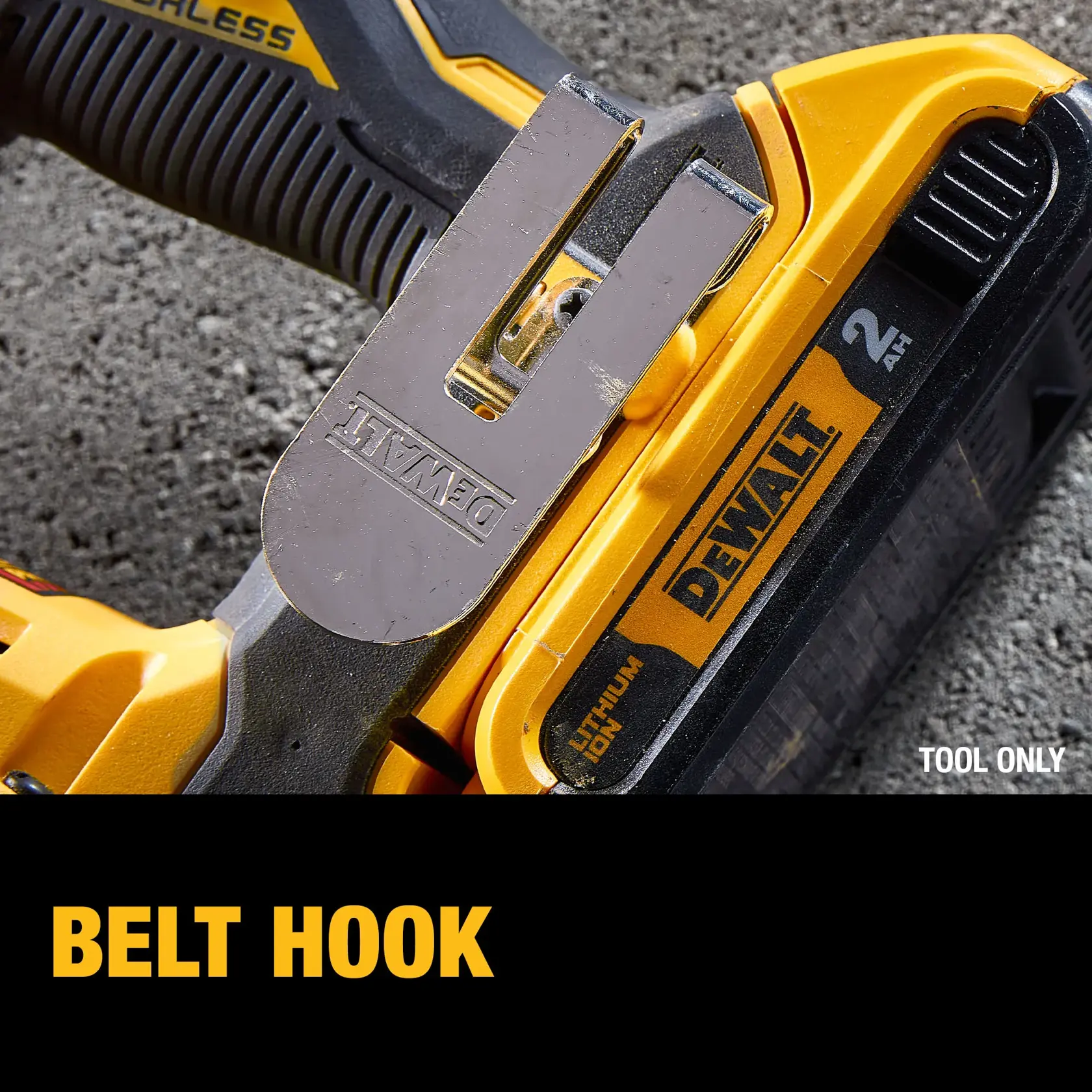 Close-up image of a DEWALT cordless power tool featuring a metal belt hook attached near the battery pack, with the words 'BELT HOOK' highlighted in yellow on a black background.
