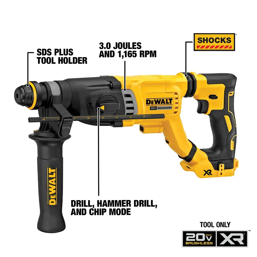 DEWALT 20V XR cordless rotary hammer drill in yellow and black, featuring SDS Plus tool holder, 3.0 joules impact energy, 1,165 RPM, SHOCKS active vibration control, and modes for drilling, hammer drilling, and chipping. Tool only, no battery included.