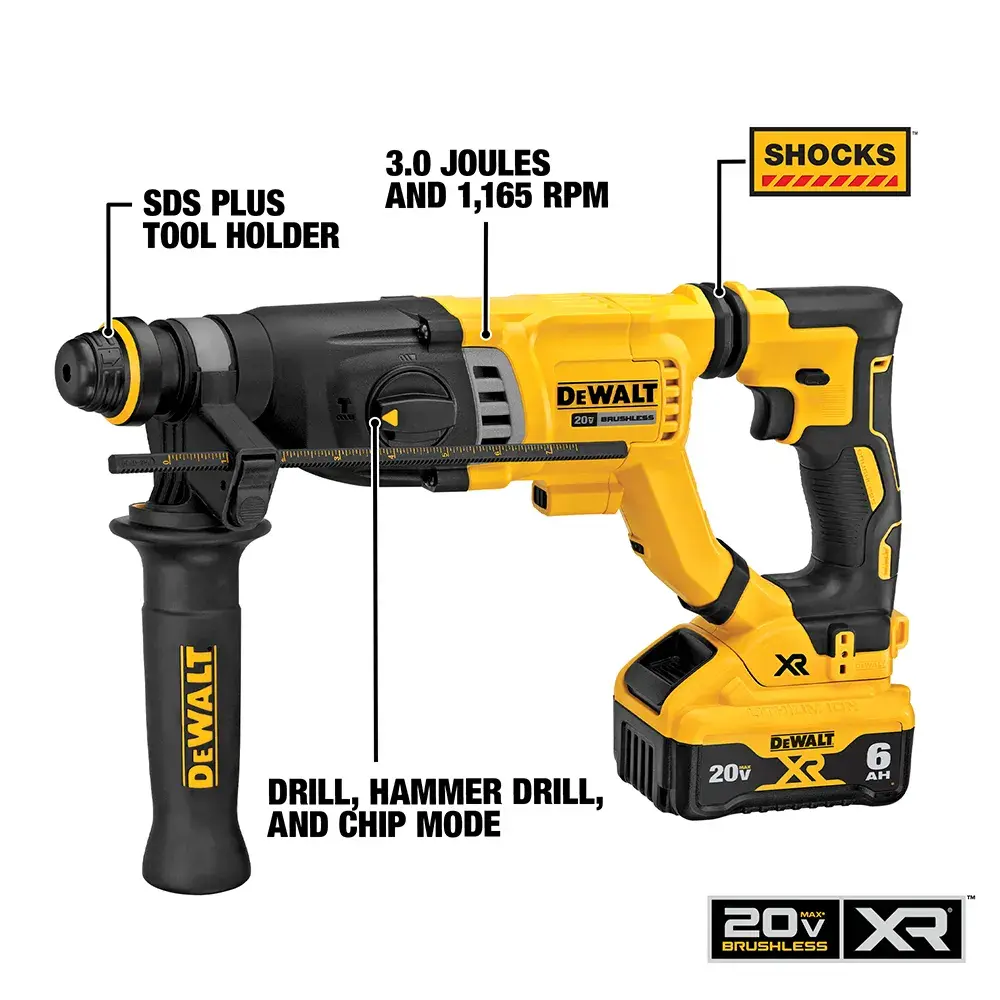 A DEWALT DCH263R2 20V cordless rotary hammer drill with black and yellow design. Features highlighted include SDS Plus tool holder, SHOCKS vibration control, 3.0 joules and 1,165 RPM, and modes for drill, hammer drill, and chip. Includes a large side handle for stability.