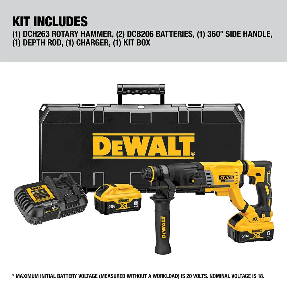 DEWALT rotary hammer kit, including a yellow and black rotary hammer, two batteries, charger, 360° side handle, depth rod, and a black kit box with DEWALT logo. All items are laid out, with the kit box standing behind the tools.