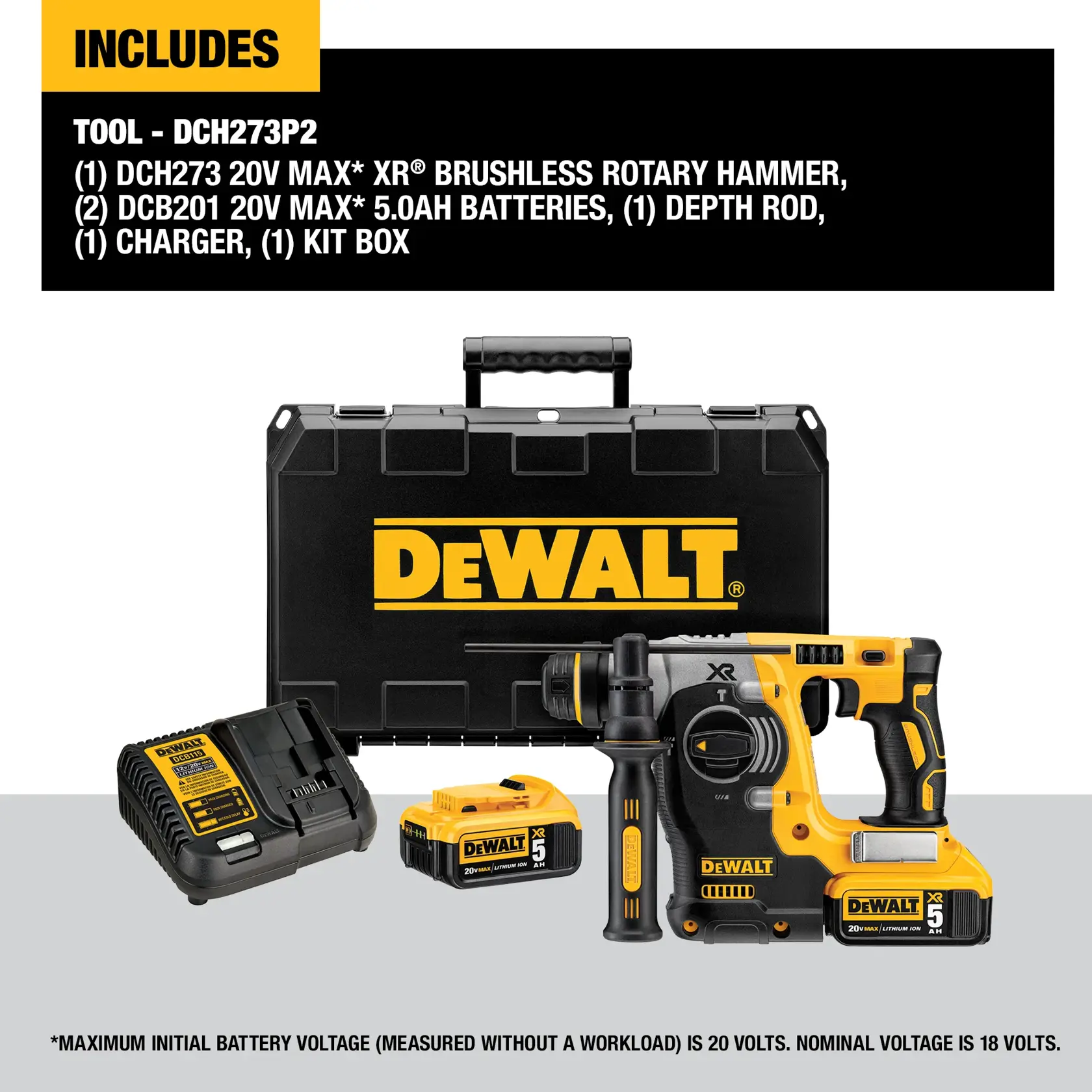 Image showing DEWALT DCH273P2 kit which includes a 20V MAX XR brushless rotary hammer, two 20V MAX 5.0Ah batteries, one charger, one depth rod, and one kit box. All components are displayed with the DEWALT branding.