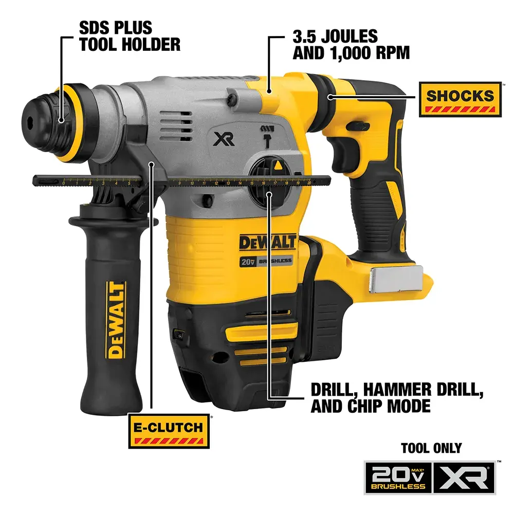 A DEWALT 20V XR cordless rotary hammer drill is shown. The tool features an SDS Plus tool holder, E-Clutch, SHOCKS vibration control, and modes for drill, hammer drill, and chipping. It delivers 3.5 joules of impact energy and up to 1,000 RPM. The tool is branded with yellow and black colors and is labeled as 'tool only'.