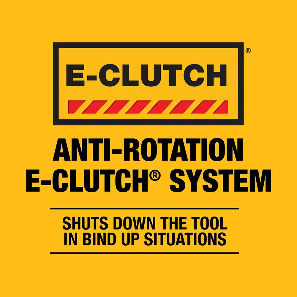 Graphic showing the E-Clutch anti-rotation system for power tools, with text stating: 'E-Clutch Anti-Rotation E-Clutch System. Shuts down the tool in bind up situations.' The background is yellow with black and red text and lines.
