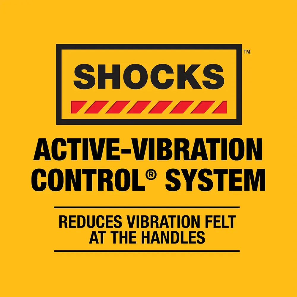 A yellow graphic shows the DEWALT SHOCKS Active-Vibration Control System logo with text stating it reduces vibration felt at the handles.