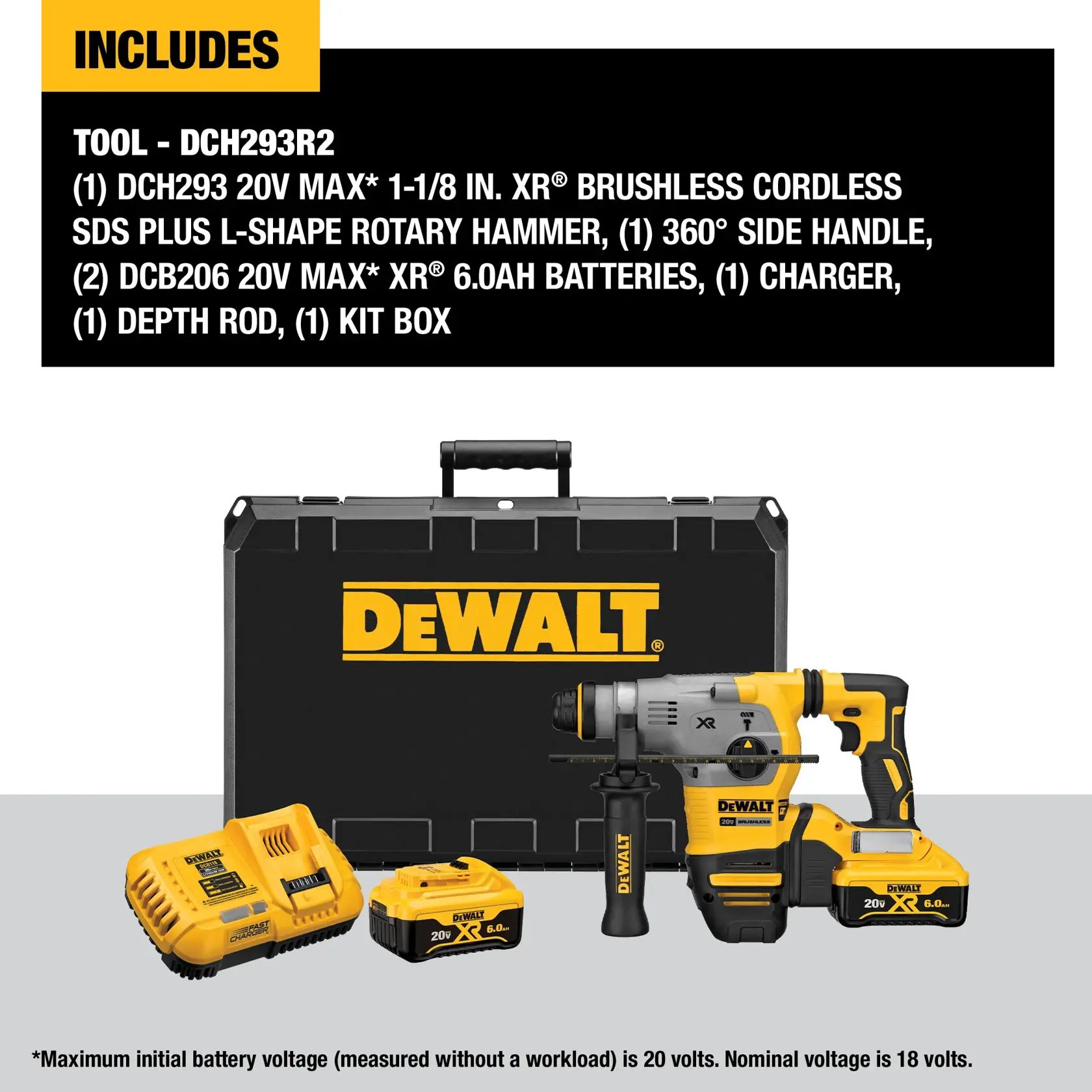DEWALT DCH293R2 cordless rotary hammer kit. The image shows a kit box labeled DEWALT, a 20V MAX XR brushless cordless SDS Plus L-shape rotary hammer, two 20V MAX XR 6.0Ah batteries, a charger, and a depth rod. Text details the kit contents and specifications.