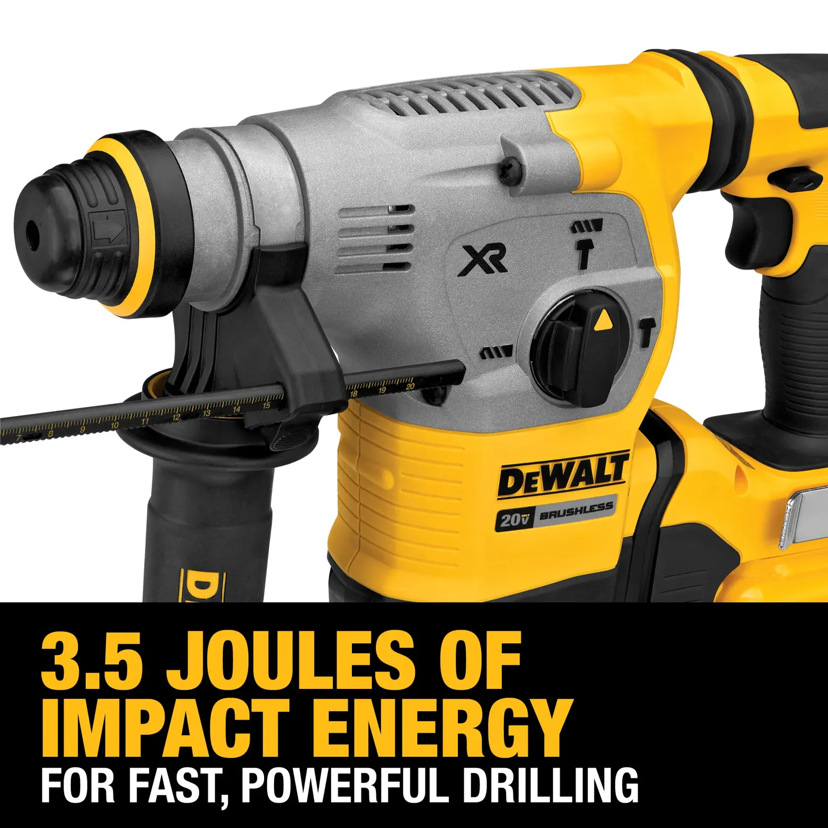 Close-up image of a DEWALT brushless rotary hammer drill with the text '3.5 Joules of Impact Energy for Fast, Powerful Drilling' displayed.