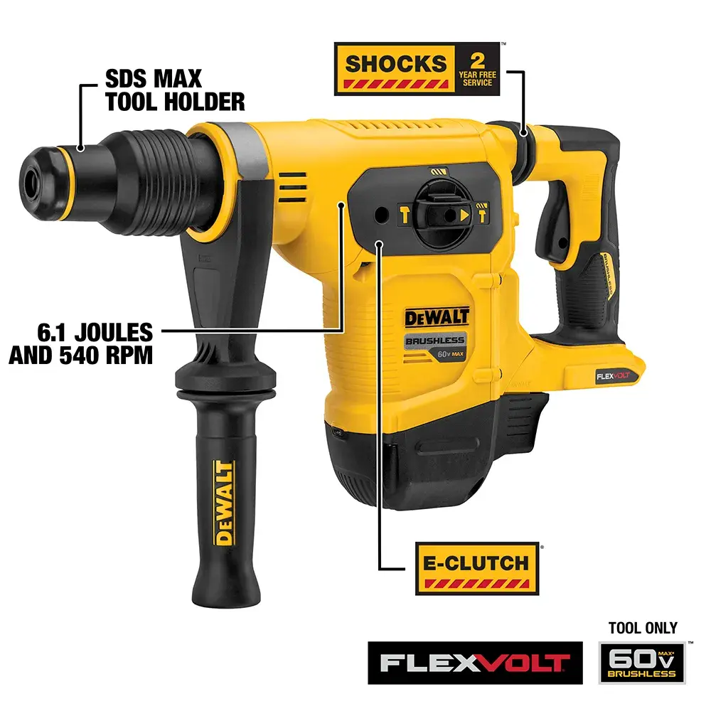 DEWALT 60V FlexVolt cordless rotary hammer drill, model DCH481B, featuring an SDS Max tool holder, SHOCKS active vibration control, E-Clutch system, 6.1 Joules of impact energy, and 540 RPM. The drill is yellow and black with a side handle.