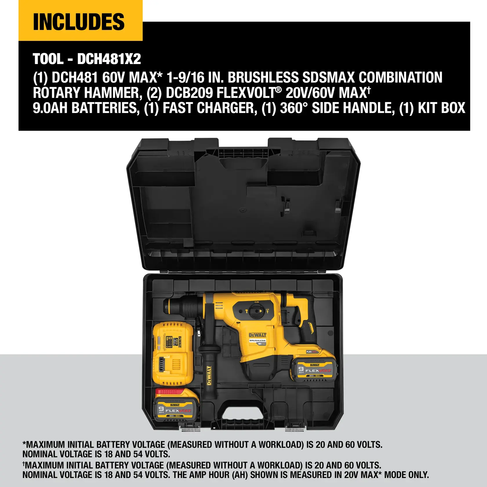 A DEWALT DCH481X2 tool kit shown with an open black case. Visible contents include a 60V Max 1-9/16 inch brushless SDS Max combination rotary hammer, two FLEXVOLT 20V/60V Max 9.0Ah batteries, a fast charger, and a 360-degree side handle. Product details and contents are listed above the image.