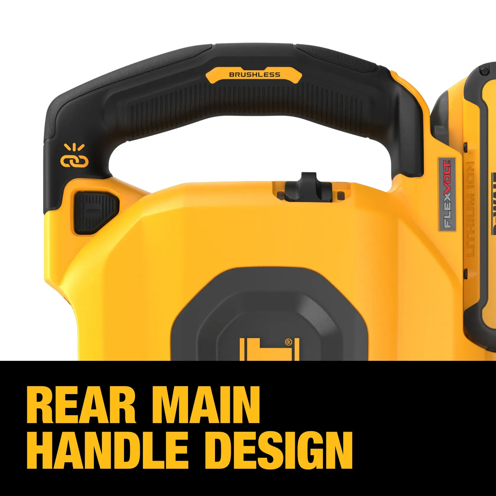 Close-up image of a DEWALT power tool featuring a rear main handle design with the word 'BRUSHLESS' on the handle. The tool is yellow and black, and the text 'REAR MAIN HANDLE DESIGN' is prominently shown at the bottom.