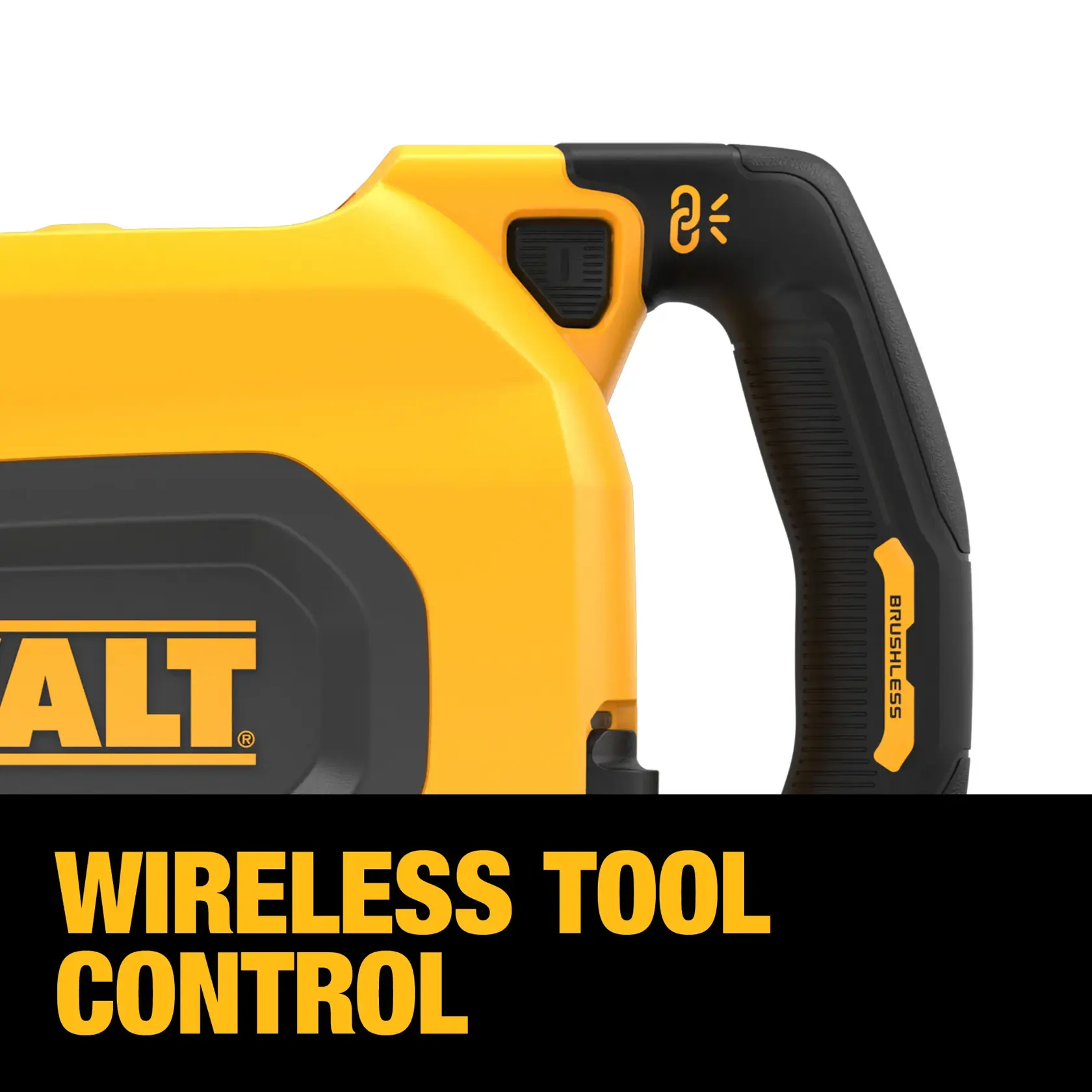 Close-up of a DEWALT power tool handle featuring a wireless tool control button and brushless marking, with part of the brand logo visible and the words 'WIRELESS TOOL CONTROL' displayed.