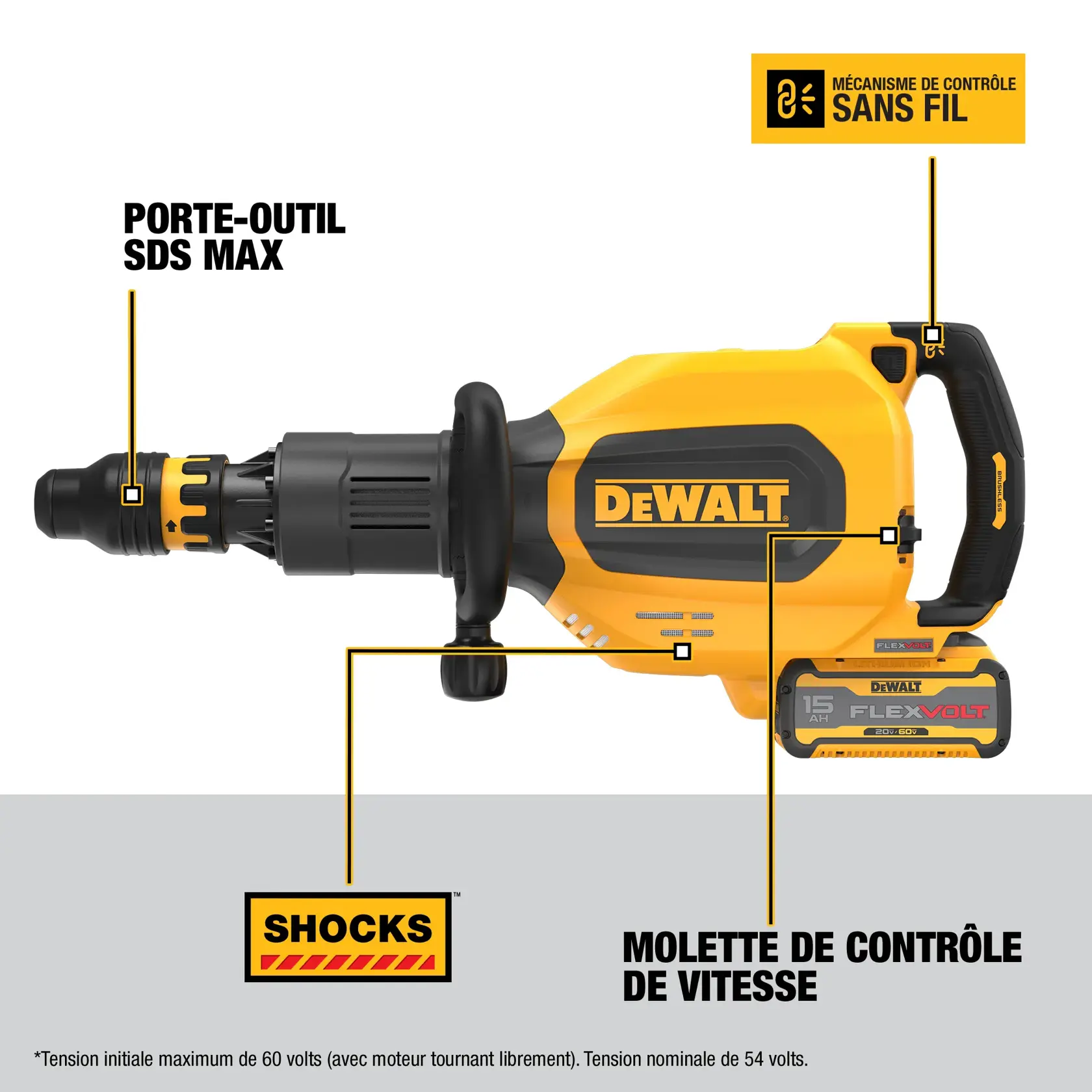 Image of a DEWALT cordless power tool, specifically a hammer drill with SDS max tool holder, shocks system, wireless tool control, and a power reduction slider. The tool features a yellow and black design and includes a FLEXVOLT lithium-ion battery pack. Key components are clearly labeled on the image.