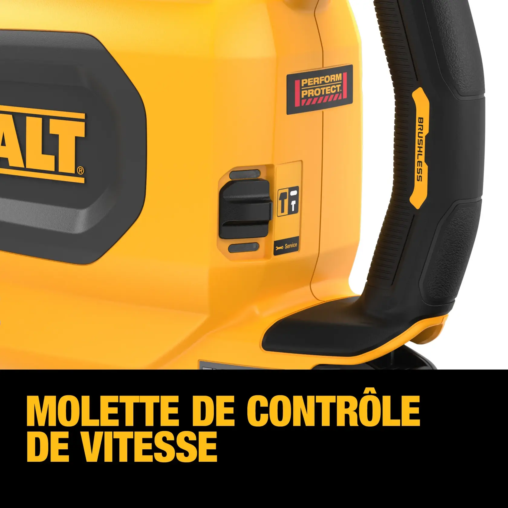 Close-up of a DEWALT power tool showing the power reduction slider and control buttons. The tool is yellow and black with 'BRUSHLESS' and 'PERFORM PROTECT' labels. Bold text at the bottom reads 'POWER REDUCTION SLIDER'.