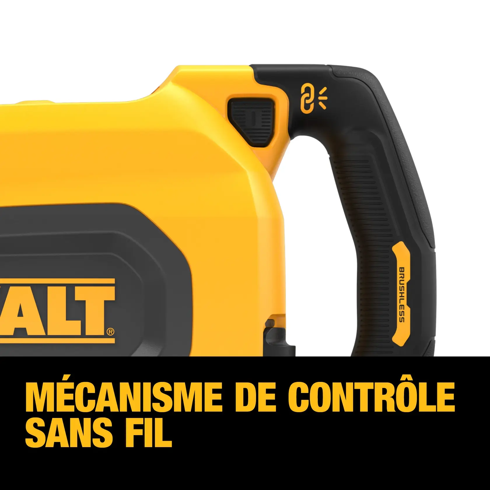 Close-up of a DEWALT power tool handle featuring a wireless tool control button and brushless marking, with part of the brand logo visible and the words 'WIRELESS TOOL CONTROL' displayed.