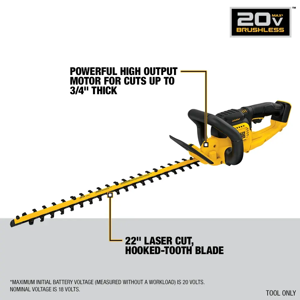 DEWALT 20V MAX cordless hedge trimmer with a yellow and black body, featuring a powerful high-efficiency motor for making cuts up to 3/4 inch thick and a 22-inch blade with laser-cut hooked teeth. The image includes product specifications in French.