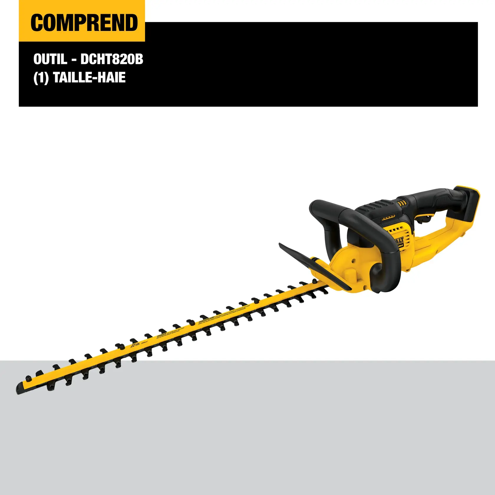 Image of a DEWALT DCHT820B hedge trimmer tool in yellow and black colors, shown with a long cutting blade and ergonomic handle. Product information is displayed above the tool.