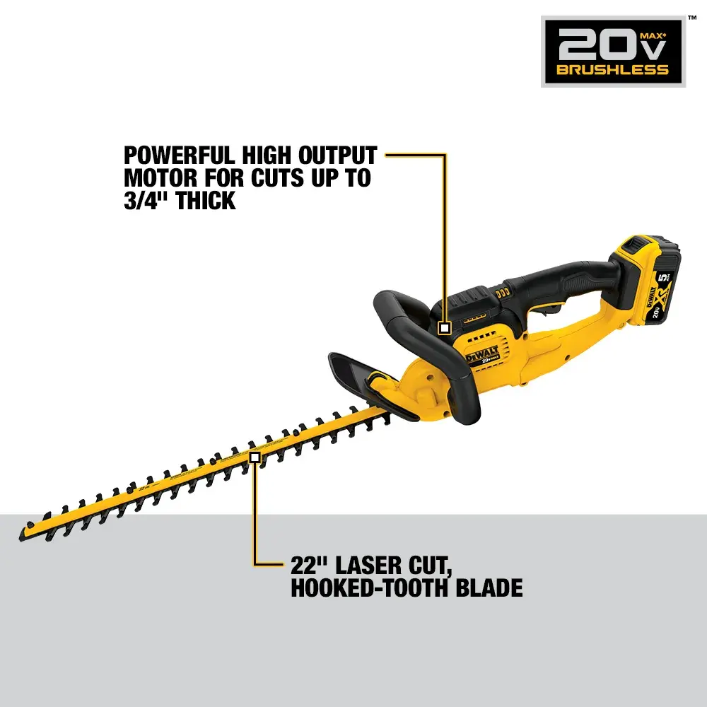 DEWALT 20V brushless cordless hedge trimmer featuring a powerful high output motor for cuts up to 3/4 inch thick, and a 22-inch laser cut hooked-tooth blade.