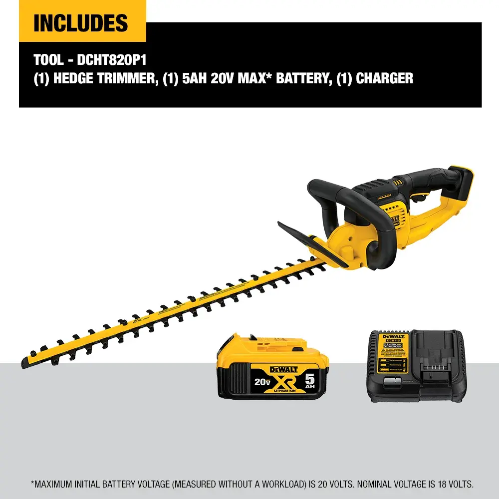 A DEWALT 20V MAX cordless hedge trimmer is shown. Key features highlighted are its powerful high-efficiency motor capable of cutting branches up to 3/4 inch thick, and a 22-inch blade with laser-cut hooked teeth.