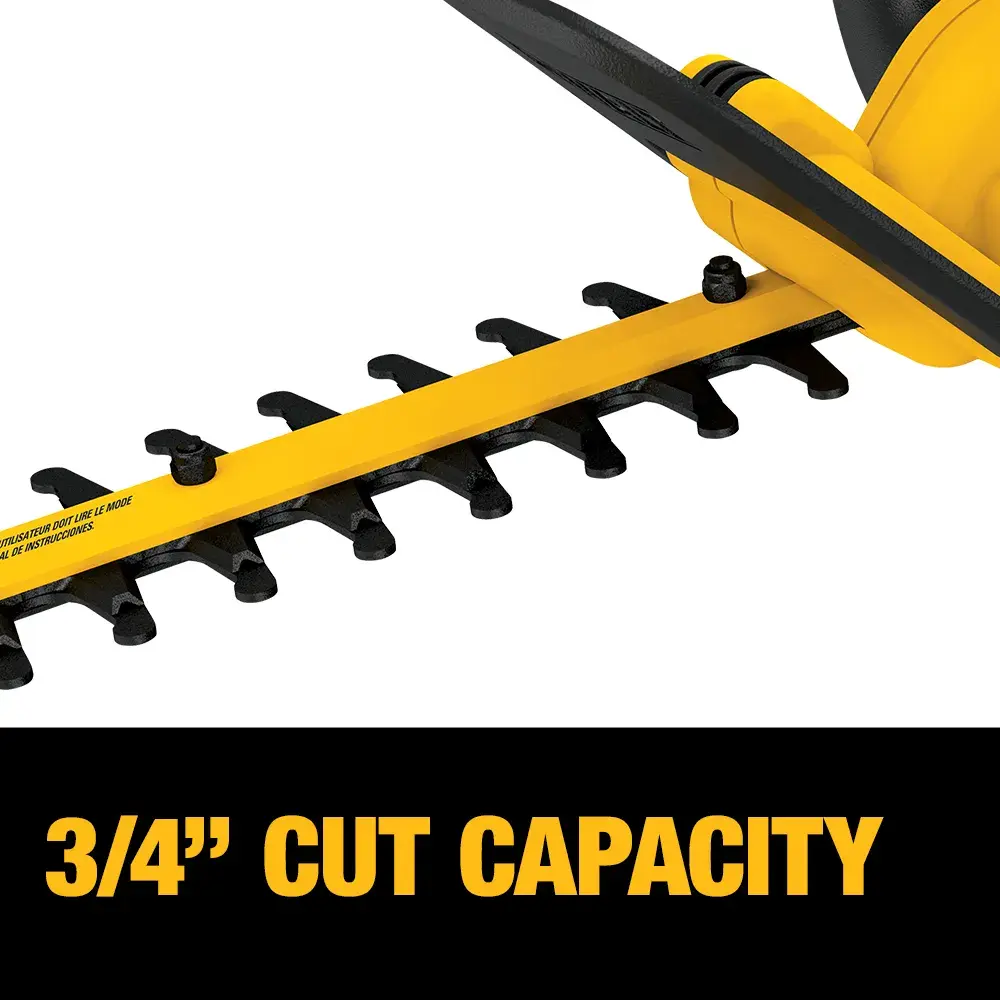 Close-up of a DEWALT hedge trimmer blade with a text overlay stating '3/4'' cut capacity' in bold yellow letters.