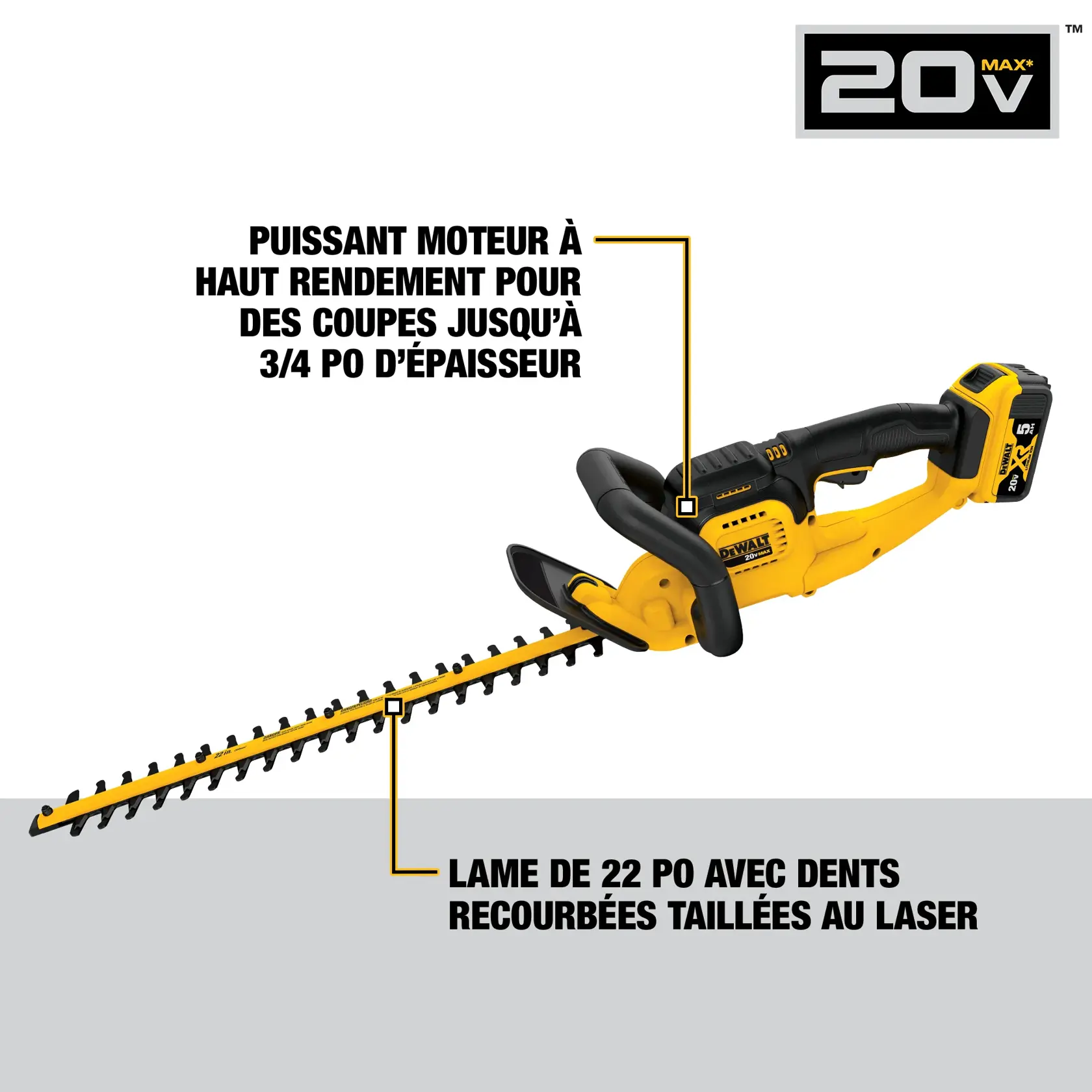 A DEWALT 20V MAX cordless hedge trimmer is shown. Key features highlighted are its powerful high-efficiency motor capable of cutting branches up to 3/4 inch thick, and a 22-inch blade with laser-cut hooked teeth.
