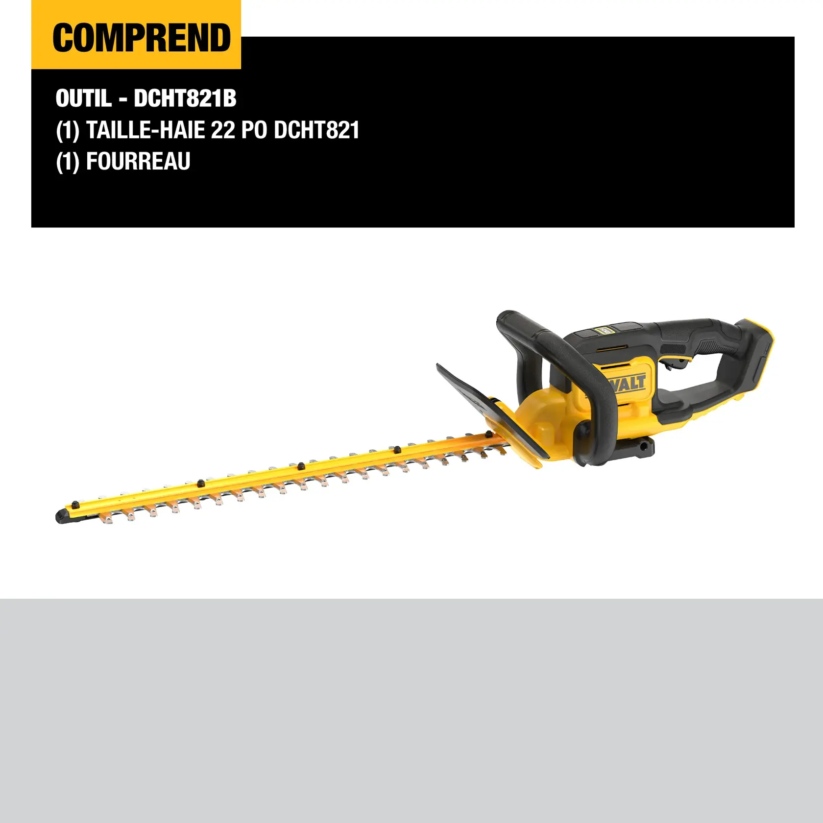 DEWALT DCHT821B 22-inch hedge trimmer with black and yellow design, shown with included sheath. The product is displayed against a white background with a list of included items.
