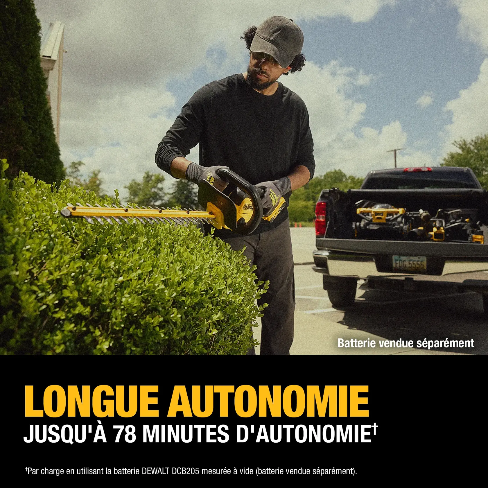A person using a DEWALT cordless hedge trimmer to trim bushes outdoors, with the tool highlighted for its long runtime of up to 78 minutes. A pickup truck with additional DEWALT tools is visible in the background. Text notes that the battery is sold separately.