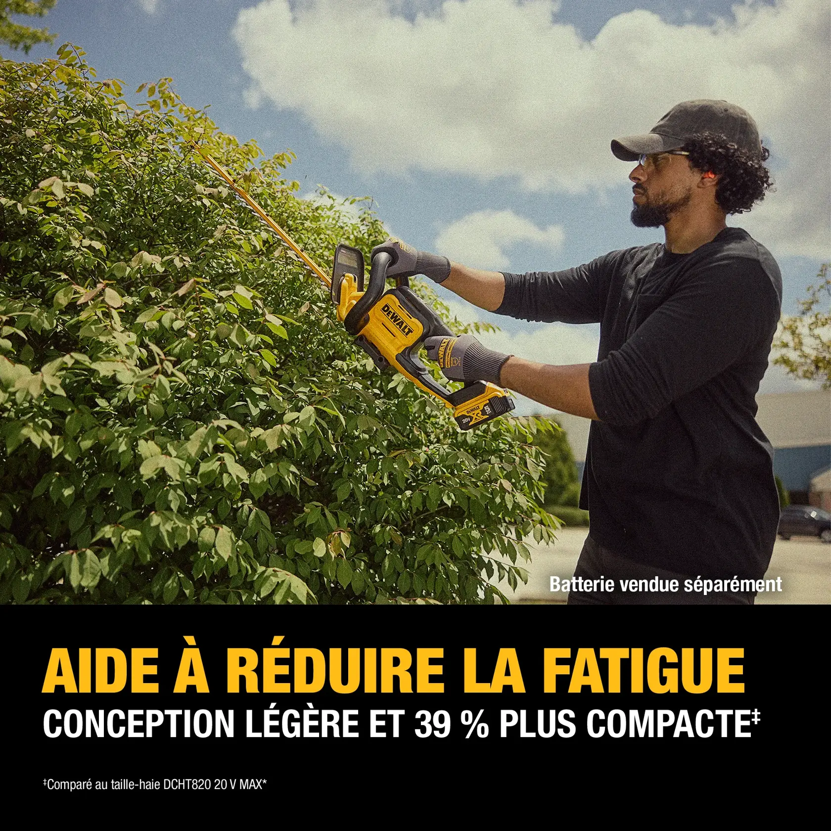 A person using a DEWALT DCHT821B cordless hedge trimmer to trim bushes outdoors. The text highlights that the lightweight design helps minimize fatigue and is 39% more compact compared to the DCHT820 20V MAX hedge trimmer. It also notes that the battery is sold separately.