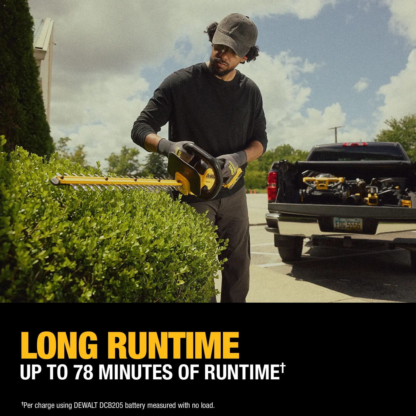 A person trimming a hedge with a DEWALT cordless hedge trimmer outdoors near a parked truck loaded with tools. Text on the image highlights 'LONG RUNTIME: UP TO 78 MINUTES OF RUNTIME.'