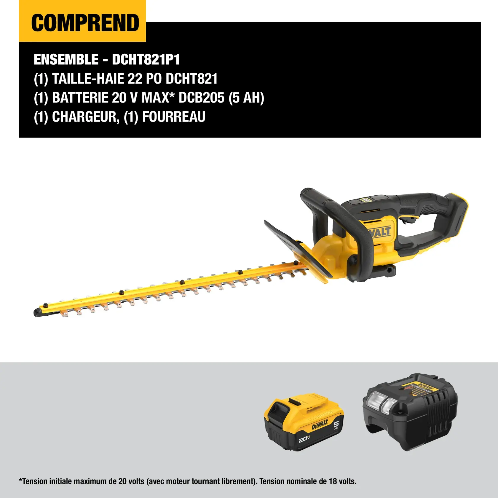 Image showing contents of the DEWALT DCHT821P1 kit, which includes a 22-inch hedge trimmer, a 20V MAX DCB205 battery (5 AH), a charger, and a sheath. The hedge trimmer, battery, and charger are displayed separately, along with a text listing the included items.