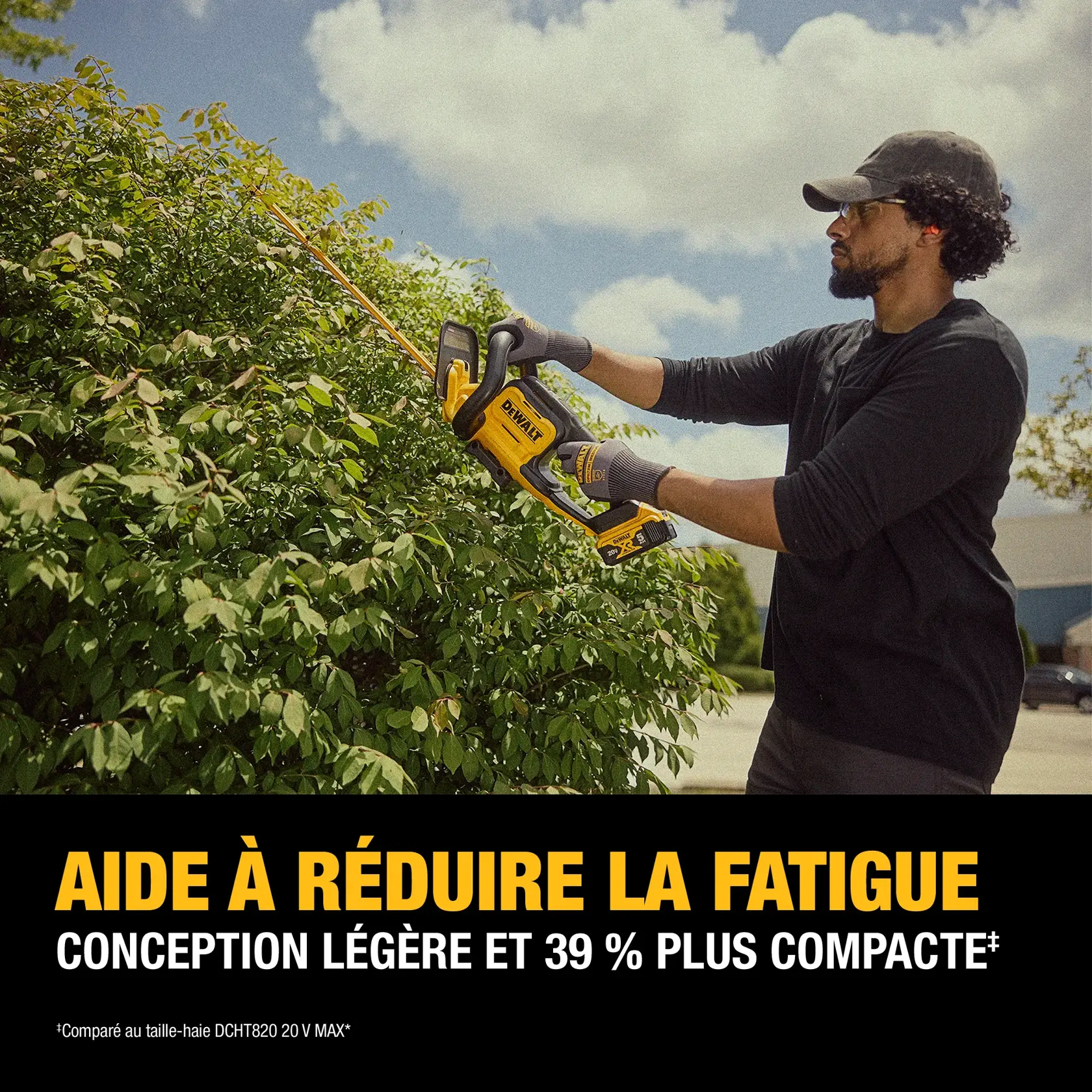 A person wearing gloves and a hat uses a DEWALT 20V MAX hedge trimmer to trim green bushes outdoors, under a partly cloudy sky. The text on the image highlights the product's lightweight design, which is 39% more compact, and states 'Help minimize fatigue.'
