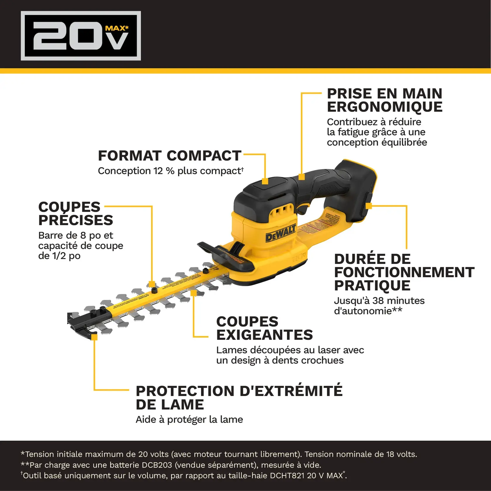 Image showing a DEWALT 20V MAX hedge trimmer with product features highlighted. Features include a compact design (12% more compact), ergonomic handling to minimize fatigue, detailed trimming with an 8-inch bar and 1/2-inch cut capacity, convenient runtime up to 38 minutes, heavy duty cutting with laser cut blades and a hooked-tooth design, and a blade tip guard for protection. Product SKU: DCHT823B.