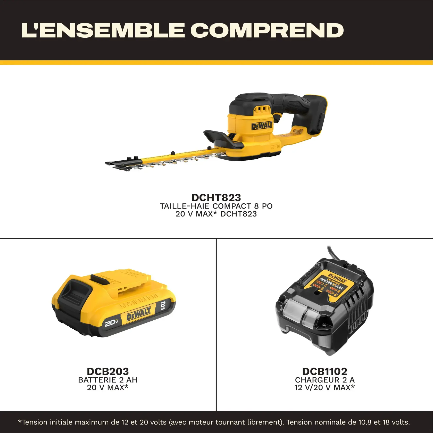 Image showing the contents of a DEWALT kit, which includes: a DCHT823 20V MAX 8-inch compact hedge trimmer, a DCB203 20V MAX 2Ah battery, and a DCB1102 12V/20V MAX 2 amp charger. Each item is labeled and pictured, with the DEWALT brand clearly visible.