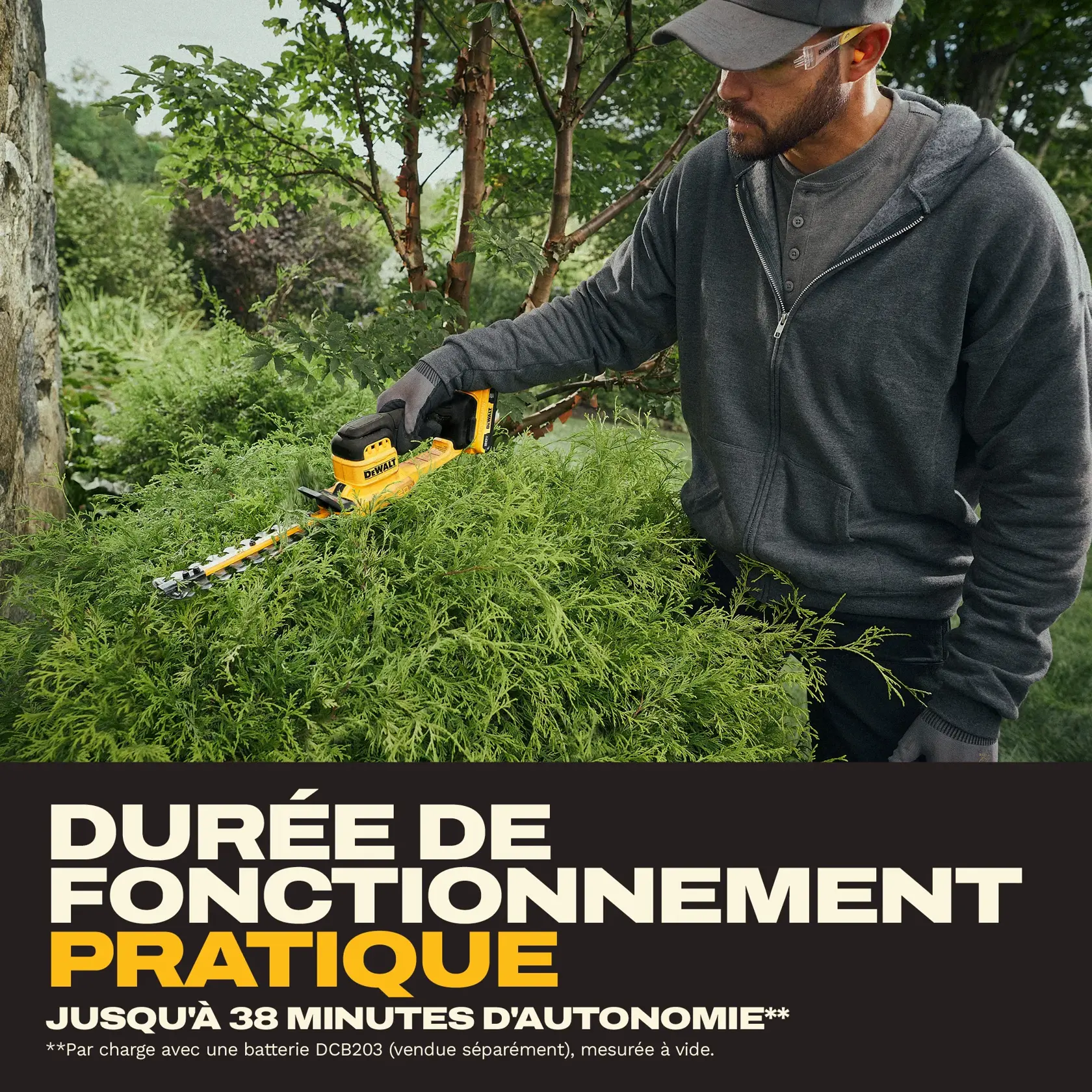 A person wearing gloves and a dark hoodie uses a yellow DEWALT hedge trimmer (SKU: DCHT823D1) to trim bushes outdoors. The image includes text highlighting that the tool offers convenient runtime, with jobs able to be completed in up to 38 minutes per charge, as measured using a DCB203 battery with no load.