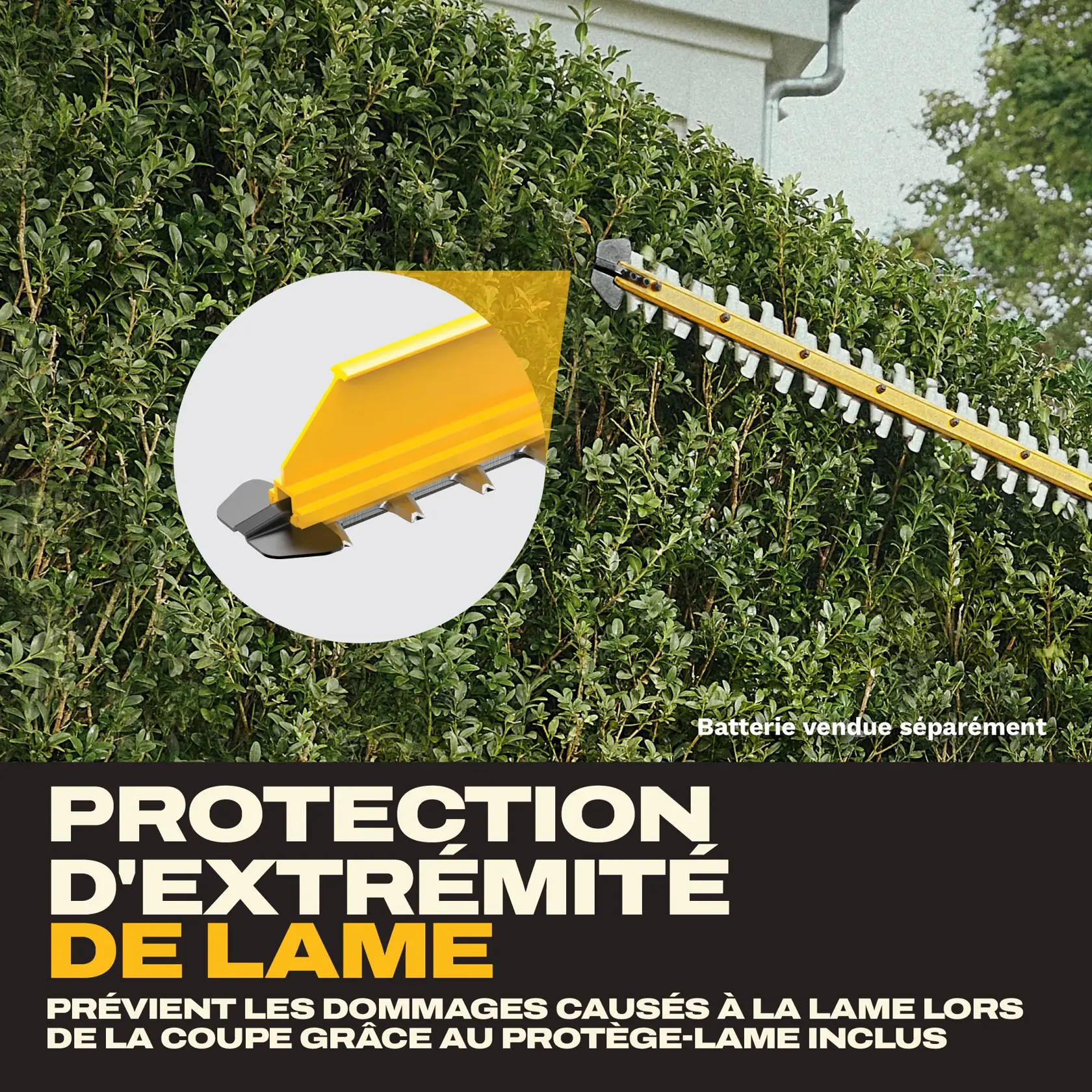 A DEWALT hedge trimmer with a yellow tip guard is shown trimming tall green bushes. An inset image highlights the tip guard feature, which helps prevent blade damage. Text reads: 'TIP GUARD. Help prevent blade damage when trimming with the included tip guard.' Note: Battery sold separately.