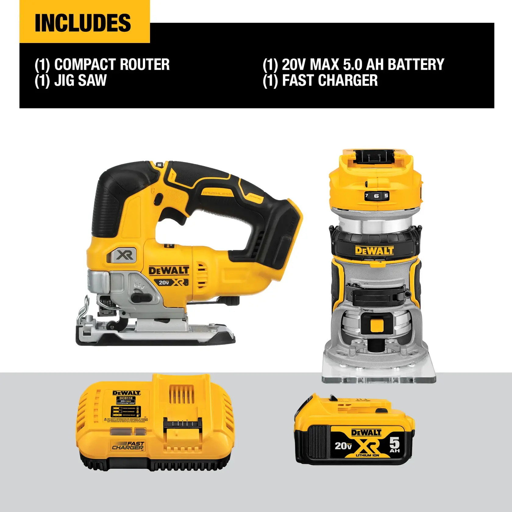 Product image showing a DEWALT tool set including a compact router, a jigsaw, a 20V MAX 5.0Ah lithium-ion battery, and a fast charger. The tools are yellow and black, with the DEWALT branding visible. The image also lists the included items in bold text.