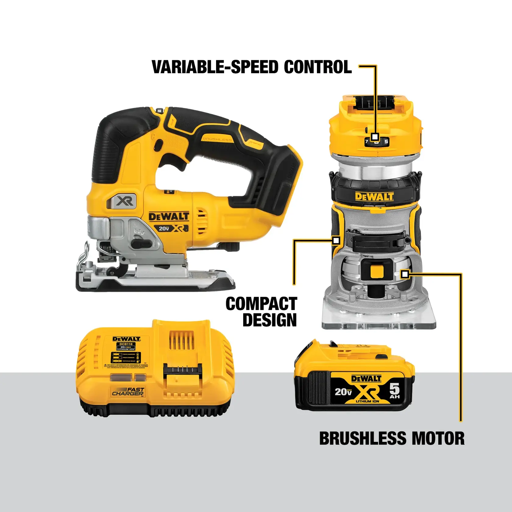 Image shows a set of DEWALT power tools, including a cordless jigsaw and a compact router. The tools are highlighted with features such as variable-speed control, compact design, and brushless motor. Also shown are a 20V lithium-ion battery and a fast charger.